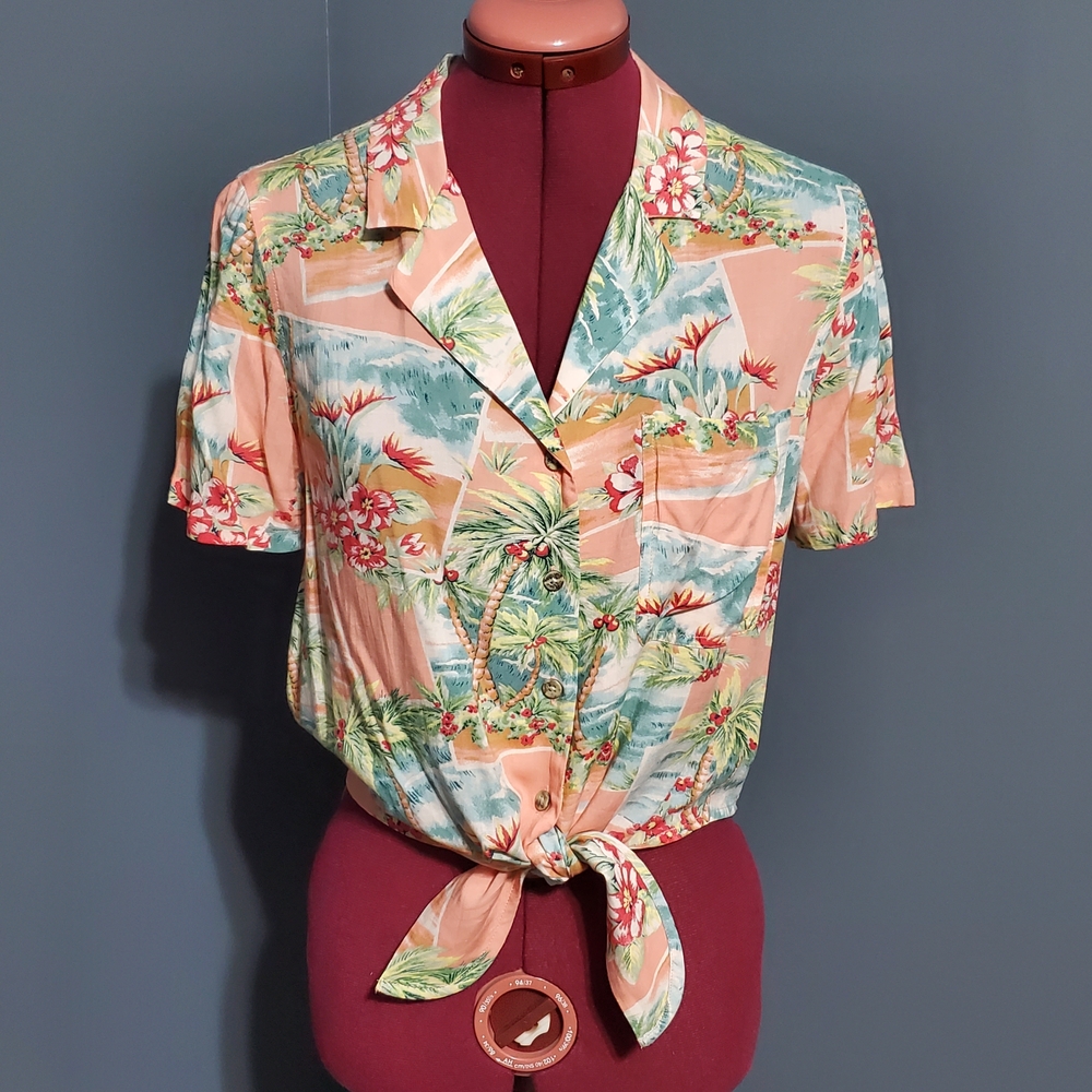 American Eagle Multicolor Tropical Hawaiian Blouse Tie Front Women's Size Small - Picture 1 of 6